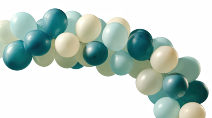 Festive balloon arch featuring shades of blue, teal, and white creating a celebratory atmosphere on transparent background