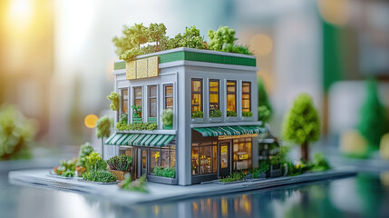Charming miniature model of two story building with green roof and lush plants, evoking sense of tranquility. structure features large windows and striped awning, suggesting cozy cafe or shop