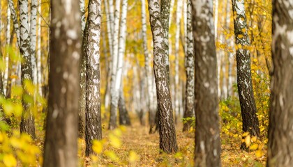 Fototapeta premium birch forest in autumn inside the planting of yellowed trees