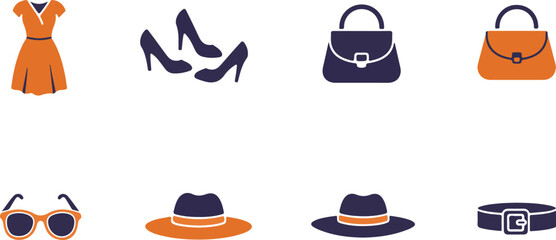 Fashionable Flat Icons in Orange and Navy Blue on White Background Keywords: fashion, clothing, apparel, style, accessory, icon, illustration, graphic, design, outfit, wardrobe, collection, dress