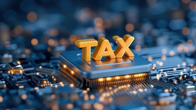 Digital tax service concept featuring golden letters microchip and circuit board background glowing blue light symbolizing technology and computer