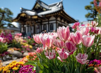 Beautiful pink and white tulips in front of the Japanese temple, with colorful flowers blooming around it. The bright sunshine illuminates every detail, creating a beautiful picture that makes people 