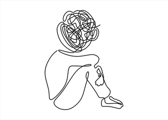 Continuous line drawings of man feeling sad, tired and worried about suffering from depression in mental health. problems, failures and concepts of heartbreak isolated on white background