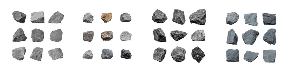 Collection of various natural grey and brown stones and dark gravel pieces captured from above Isolate