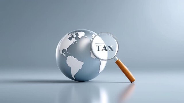 Tax concept with magnifying glass on globe highlighting digital service, business finance, global commerce, and economy in modern tax issues