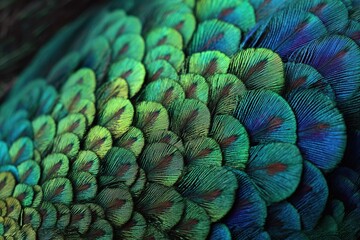 Obraz premium Close-up of peacock feather patterns. Vibrant green, blue, and teal colors