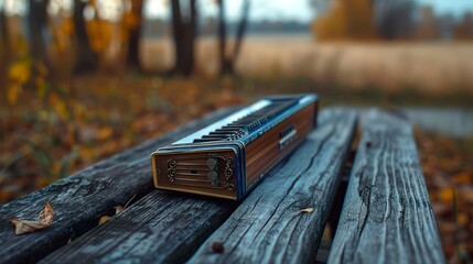 A photo of a harmonica on a wood surface