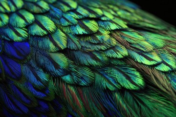 Close-up of vibrant peacock feathers