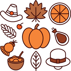 Set of Thanksgiving icons with pumpkins, leaves, and other autumn harvest elements