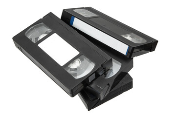 Several vintage VHS tapes stacked together, their labels left blank, isolated on a white background