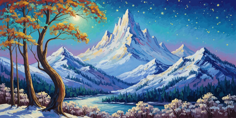 Painting of a mountain landscape moonlit lake, starry sky and river colorful trees, vibrant night glow forests.