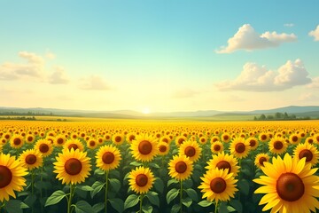 A sunflower field stretching to the horizon beneath a summer sky.
