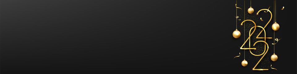 Elegant gold 2022 numbers with festive ornaments and confetti on a dark background