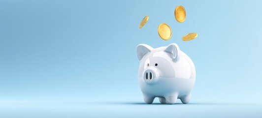 The piggy bank collecting coins in a bright and minimalistic setting.