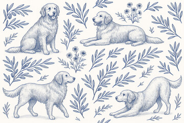 Seamless hand drawn botanical pattern with golden retrievers and floral leaves in vintage blue engraving style