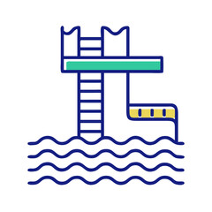 Diving platform over swimming pool, symbolizing water sports, summer activities, and public recreation
