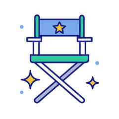Flat style icon of a director's chair with star symbol, representing film production, creative leadership, and entertainment industry
