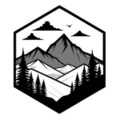 Minimal Black Silhouette of Mountain in Hexagon Shape