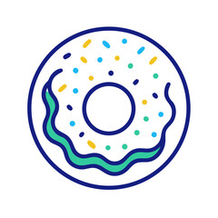 Flat style icon of a sweet glazed donut with colorful sprinkles, symbolizing dessert, snack, and pastry indulgence
