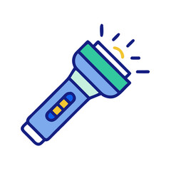 Flat icon of a flashlight with light beams, representing visibility, emergency light, and portable power
