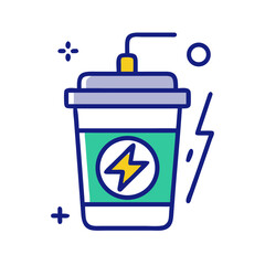 Flat style icon of a takeaway energy drink cup with lid and lightning symbol, representing caffeine, refreshment, and power boost
