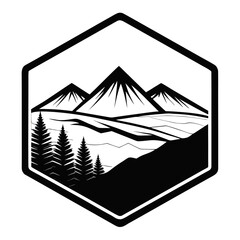 Minimal Black Silhouette of Mountain in Hexagon Shape