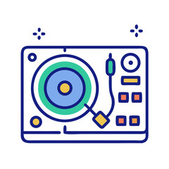 Flat style icon of a DJ turntable mixer with controls and vinyl, symbolizing music performance, sound production, and party atmosphere
