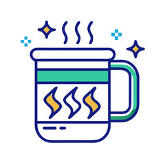 Flat icon of a mug with steam lines indicating a hot drink, representing coffee, tea, warmth, and comfort
