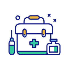 Flat style icon of a medical first aid kit with syringe and medicine bottle, symbolizing emergency care, health preparedness, and treatment tools
