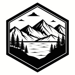 Minimal Black Silhouette of Mountain in Hexagon Shape