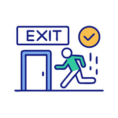 Flat icon of an EXIT door with a running figure and checkmark, symbolizing emergency evacuation, route clearance, and safe passage
