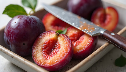 plums on a wooden board with knife ,World food day,3d food photography,16th October
