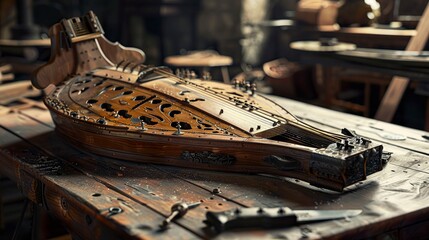 A photo of a hurdy-gurdy on a table