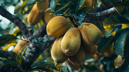 A photo of a jackfruit tree with large jackfruit