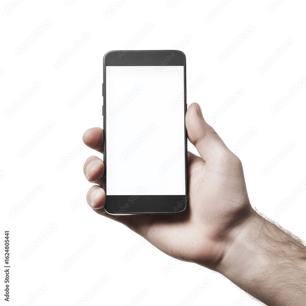 Poster hand holding smartphone with blank screen for app or website display