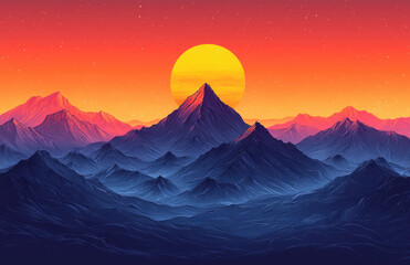 Vibrant sunset over mountain range with glowing sun, casting colorful hues across sky and peaks, creating serene and majestic landscape