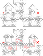 Huge castle labyrinth. Black and white fortress hard maze with high level of difficulty. Nice brainstorm puzzle with solution. Logic game for kids and parents