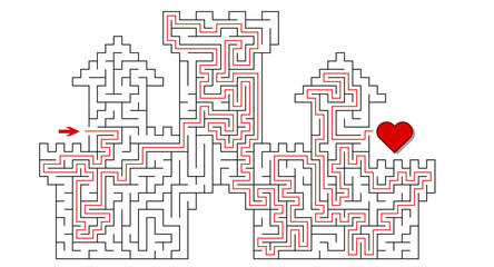 Huge castle labyrinth. Black and white fortress hard maze with high level of difficulty. Nice brainstorm puzzle with solution. Logic game for kids and parents