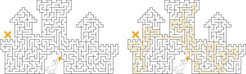 Help the unicorn to get out from huge castle. Difficult escape type labyrinth. Black and white fortress maze with high level of difficulty. Logic game for kids and parents