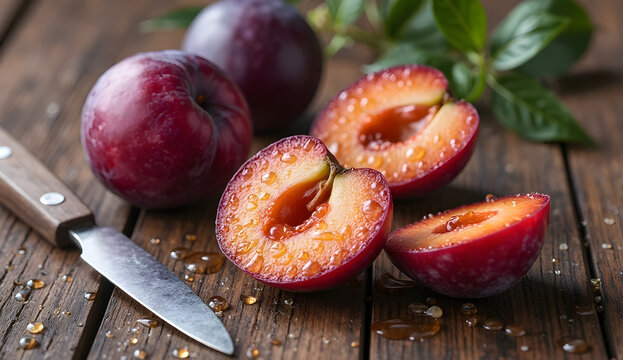 fresh plums on a wooden table - Powered by Adobe