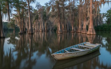 Naklejka premium Old Wooden Rowboat Moored in a Cypress Swamp with Spanish Moss and Reflections cypress trees