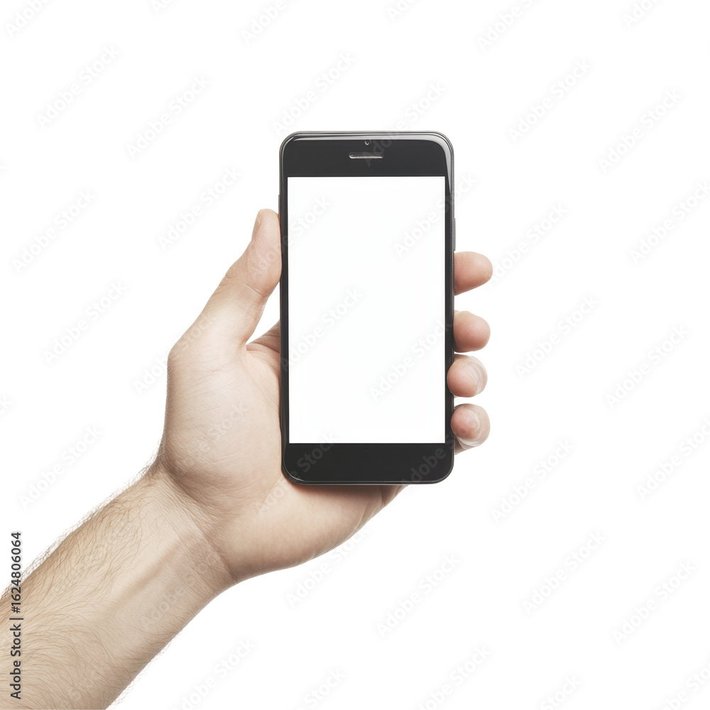 Poster hand holding smartphone with blank screen ready for content display and creative input