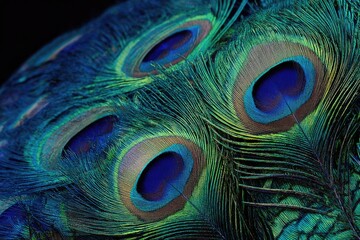 Fototapeta premium Close-up of vibrant peacock feathers, showcasing iridescent blues, greens, and golds
