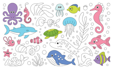 A collection of colorful and outline sea creatures and plants on a white background octopus seahorse