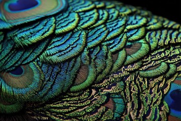 Close-up of peacock feather detail.  Intricate patterns and vibrant colors