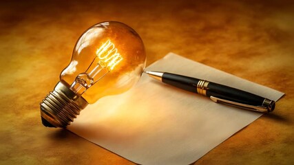 Glowing light bulb and pen on paper with warm golden background symbolizing creativity bright ideas writing inspiration innovation illuminated filament vintage stationery office concept - Powered by Adobe