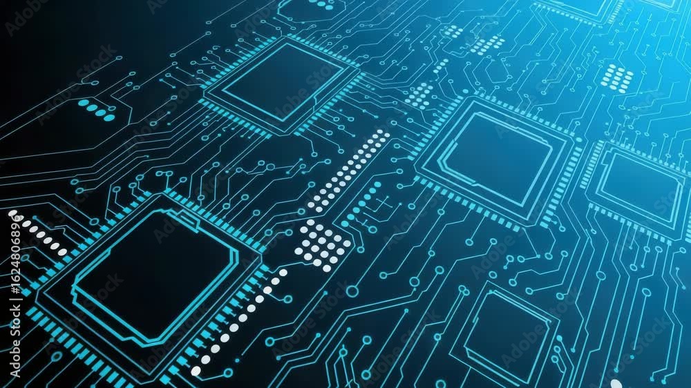 Poster an intricate blue circuit board with glowing lines and processors, representing advanced technology 