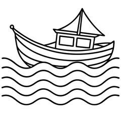 Minimal Boat on Rippled Water Line Art Vector