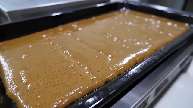 Close-Up View of Fresh Caramel Liquid Pouring onto Baking Pan at Professional Kitchen