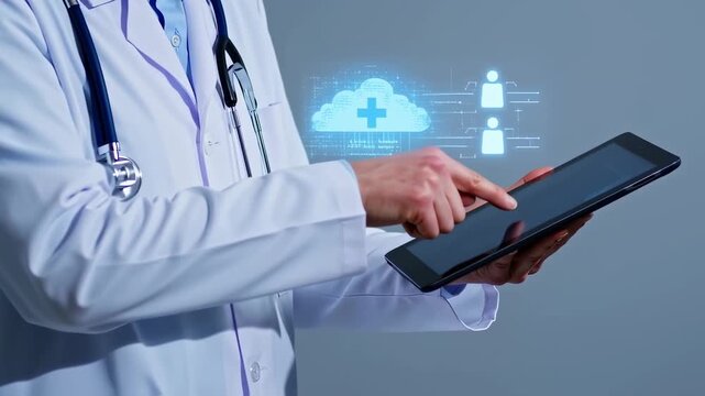 Doctor utilizing digital tablet for cloud based patient data access and healthcare technology